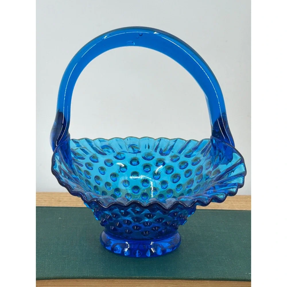 Vintage Blue Fenton Hobnail Glass Basket‎ Ruffled Applied Handle Decorative Dish